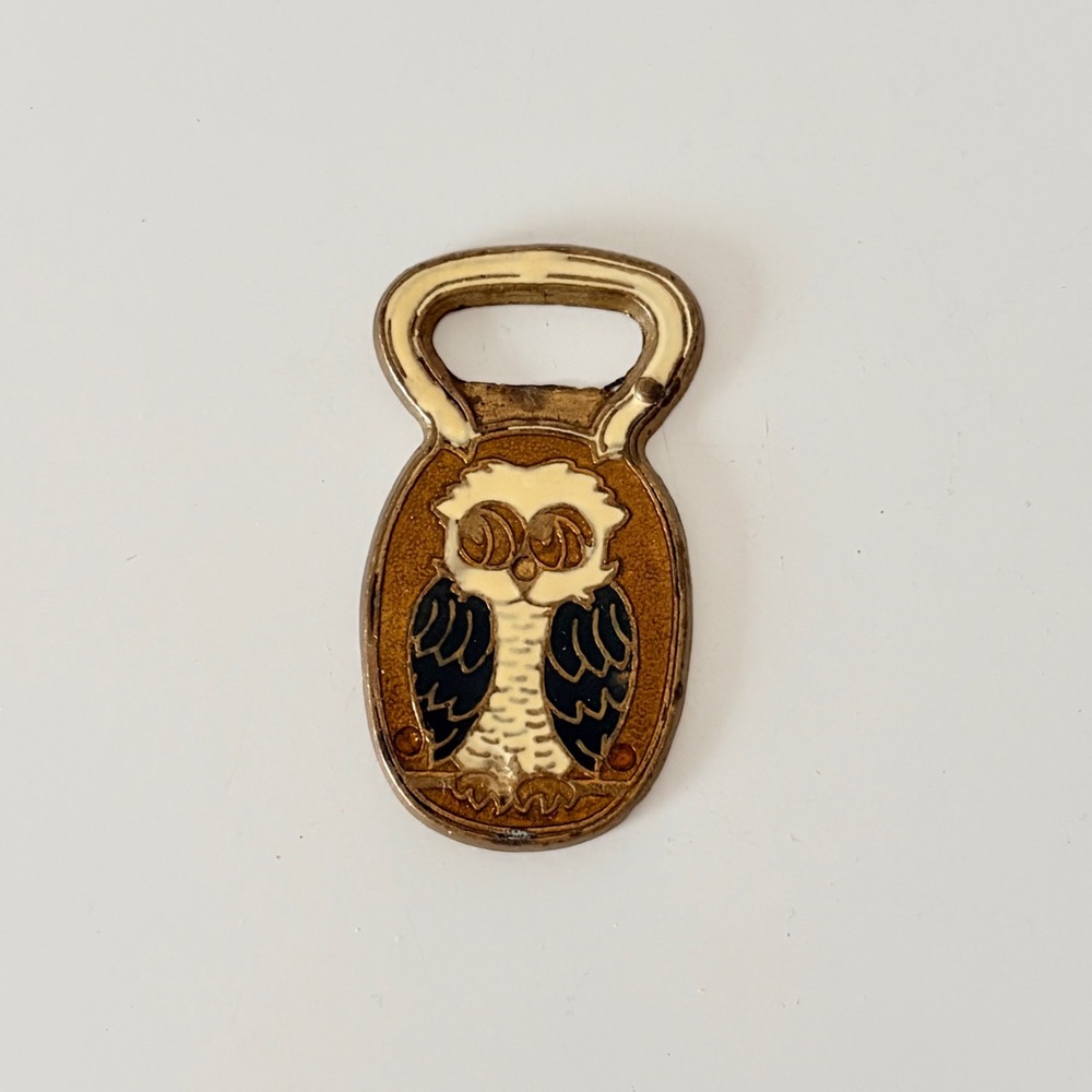 Vintage IDRA Greece Owl Bottle Opener Enamel on Brass Bottle